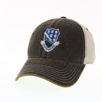 506th Infantry Regiment Distinctive Unit Insignia embroidered on the front of Legacy Old Favorite Trucker Hat in Black. Small United States flag on rear of hat.