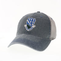 506th Infantry Regiment Distinctive Unit Insignia embroidered on the front of Legacy Dashboard Trucker Hat in Blue Steel.  Small United States flag on rear of hat.